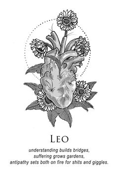 a drawing of a heart surrounded by flowers and leaves with the words leo on it