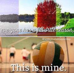 there is a volleyball ball in the middle of four different pictures with words on it