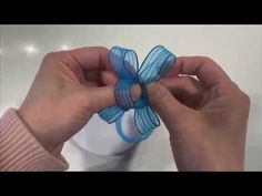 a person is holding a small blue bow