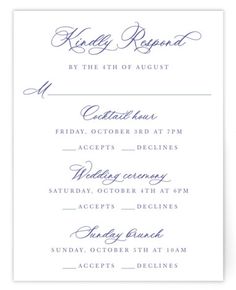 the wedding reception card is shown in blue ink and has an elegant calligraphy on it