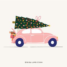 a pink car with a christmas tree on top