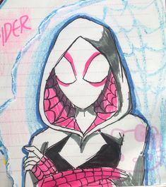 a drawing of a spider girl with pink eyes