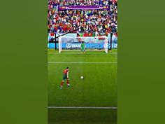 the soccer player is about to kick the ball in front of an audience at a sporting event