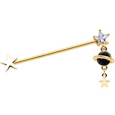 14 Gauge (1.6mm), 1 1/2" (38mm), Gold Tone PVD over 316L Surgical Grade Stainless Steel Straight Barbell, Cubic Zirconia 14 Gauge Clear CZ Gem Gold Tone Saturn Dangle Industrial Barbell 38mm You've heard of having stars in your eyes....now you can have a whole solar system in your double helix piercing with this 14 gauge helix barbell! It's made with a 1 1/2" gold tone PVD over 316L surgical grade stainless steel barbell. One end is a star and the other is a star-shaped clear cubic zirconia gem. Double Helix Piercing, Stars In Your Eyes, Industrial Earrings, Industrial Piercing Jewelry, Piercing Industrial, Black Planet, Planet Saturn, Barbell Earrings, Pretty Ear Piercings