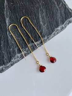 Garnet Earrings January Birthstone Red Garnet Threader | Etsy Single Ruby Earring As A Gift, Minimalist Red Round Earrings, Red Birthstone Earrings As Gift, Red Birthstone Earrings For Gift, Dainty Red Dangle Jewelry, Gift Threader Earrings With Adjustable Chain, Red Minimalist Jewelry With Birthstone, Red Birthstone Jewelry For Party, Minimalist Red Birthstone Jewelry