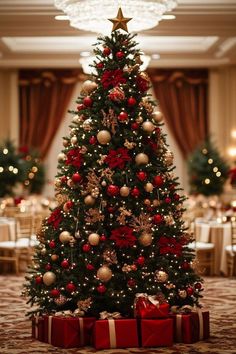 a decorated christmas tree with presents under it