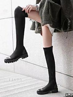 Fisdy - Womens Patchwork Over the Knee Boots - Black Elastic and Flat Design Elegant Chunky Heels, Street Wear Style, Fall Heels, Elastic Boots, Chunky Heel Booties, Knit Shirt Dress, Women In Black, Pu Boots, Bodysuit Blouse