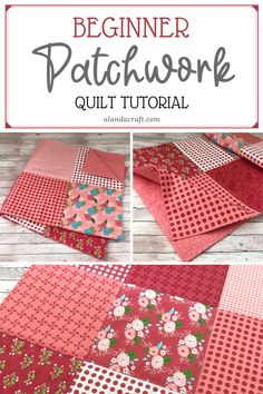 the finished patchwork quilt is shown with text overlay that says beginner patchwork quilt