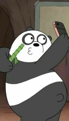 a cartoon panda holding up a cell phone