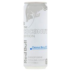 a can of coconut berry energy drink on a white background with the words, the coconutnut edition