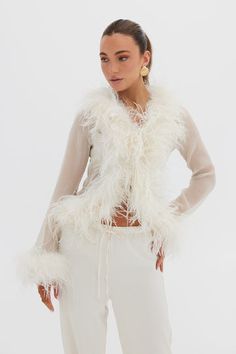 Feather Blouse, White Party Outfit, Ostrich Feather Trim, Bridal Tops, Ostrich Feather, Ostrich Feathers, White Party, Fashion Event, Cargo Pant