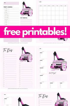 a pink poster with high heels on it and the words free printables