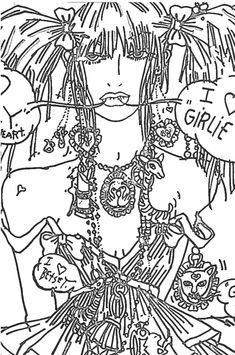 a drawing of a girl with long hair and necklaces on her chest, surrounded by hearts