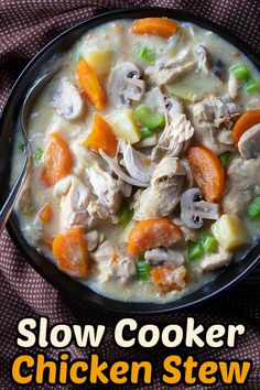 a bowl of slow cooker chicken stew with carrots and celery