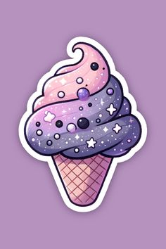 an ice cream sticker with stars and swirls on the top, in purple background