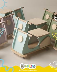 four wooden toy cars with different designs and colors on the front, one for each child