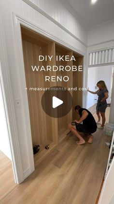 two women are working on the walls in a room with wood floors and white trim