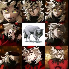 many different images of an anime character with red eyes and white hair, including the wolf