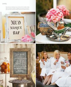 there are pictures of women in white robes and pink flowers on the table, one has a sign that says mud masque bar