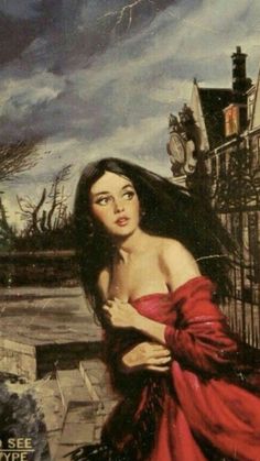 a painting of a woman in a red dress standing next to a fence and building