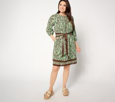 The answer to your question is: yes, you'll look fantastic in this border-print dress. How can we be so sure? A removable belt is there when you want to cinch the waist, but it disappears when you're going for a more casual look. The front bib adds personality points with shirring and tassel details, while a 3/4-length sleeve is fashioned with an elastic hem to create a feminine blousing effect. In other words, this dress was made to flatter any figure and suit every occasion.  Attending a garde Slouchy Tote, Belt Women, Feminine Chic, Style Savvy, Border Print, Wide Brimmed Hats, Printed Dress, Suede Ankle Boots, Tie Dress