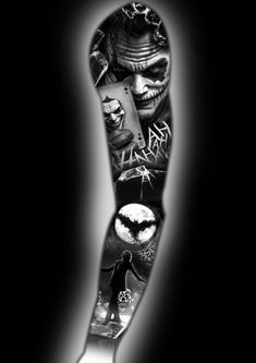 an arm tattoo with the image of batman and other characters on it, in black and white