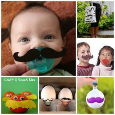 a collage of photos with babys and mustaches on them, including an egg wearing a fake moustache