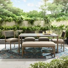 an outdoor dining table and chairs in front of a wall with greenery on it