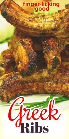 A finger licking recipe for Greek Ribs! Marinated in fresh garlic, oregano and lemon. Great for dinner or a very tasty appetizer. via @artandthekitch Greek Ribs Recipe, Chicken Ribs, Pork Rib Recipes, Happy Cooking, Greek Cooking, Cooking Club, Greek Dishes, Rib Recipes, Pork Dishes