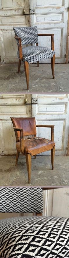 four different views of an old chair and ottoman in the process of reupholing