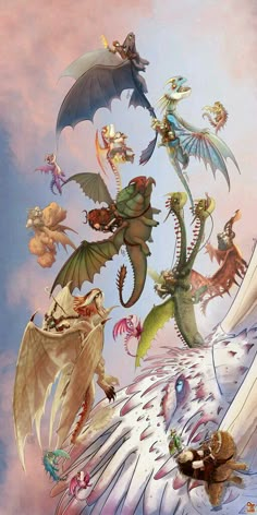 an image of a group of dragon flying in the sky with people on their backs