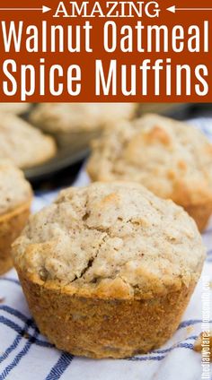 several muffins sitting on top of a blue and white table cloth with text overlay