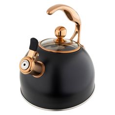 a black and gold tea kettle on a white background