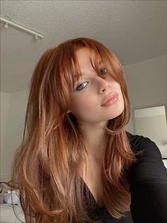 #copperhaircolor #redhead #ginger #haircut #hairstyles Ginger Shoulder Length Hair With Bangs, Ginger Brown With Highlights, Ginger With Face Framing Highlights, Ginger Haircut Ideas, Ginger Halo Hair, Haircuts For Ginger Hair, Wispy Bangs Ginger Hair, Medium Length Haircut Ginger, Ginger Hair Mid Length