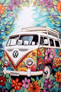 a painting of a vw bus with flowers on it