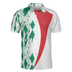 a green and white polo shirt with the word f on it, in front of an argyle