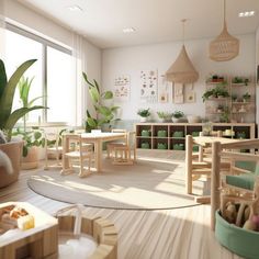 a room filled with lots of wooden furniture and potted plants