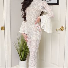 White Lace Jumpsuit. New Without Tags White Fitted Feminine Jumpsuits And Rompers, Elegant Spring Bodysuit For Brunch, Chic White Jumpsuits And Rompers With Lace Trim, Elegant White Jumpsuit With Lace Trim, White Long Cover-up With Lace Trim, White Maternity Lace Dress With Lace Trim, White Lace Maternity Dress With Lace Trim, White Lace Jumpsuit, Lace Jumpsuit