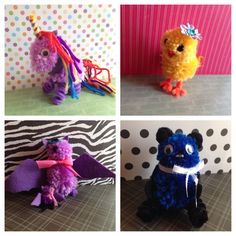 four different types of stuffed animals are shown in three pictures, one is yellow, the other is purple