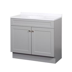 a white bathroom vanity with two doors and a sink in the middle, against a white background