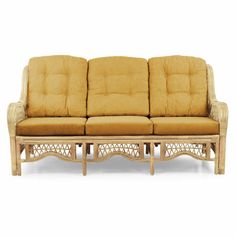 a couch that is made out of wood and has yellow cushions on top of it