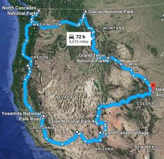 a map showing the route from washington to grand canyon national park in arizona and new mexico