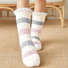 These sassy slipper socks will keep your feet nice and cozy on those cold winter days and nights. Featuring a faux fur lining and a rubber sole design on the bottom to prevent slipping when walking these are sure to be a new favorite part of your lounge wear. Made with a polyester and cotton blend. Comes in 9 fun striped patterns from which to choose. Winter Socks Cozy, Leather School Backpack, Striped Slippers, Velvet Room, Socks Packaging, Cashmere Socks, Fluffy Socks, Cashmere Color, Comfortable Socks