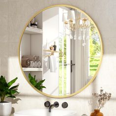 a bathroom with a sink, mirror and potted plant