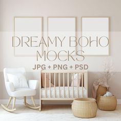 a baby's room with three posters and a rocking chair