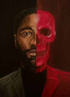 a painting of a man with a red skull on his face and a black shirt