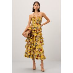 Yellow floral (100% Cotton). Cocktail dress. Sleeveless. Halter neck. Back zipper closure. 47" from shoulder to hemline. Imported. Tiered Ruffle Dress, Rent The Runway, Yellow Print, Closet Designs, Summer Events, Bold Prints, Ulla Johnson, Dress Sleeveless, Yellow Floral