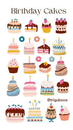 a bunch of different types of cakes on a white background with the words birthday cakes above them