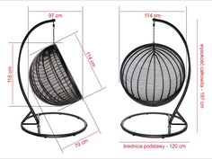 the size and measurements of a hanging egg chair with an attached swinger, shown from front to back