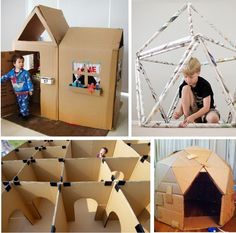 there are pictures of cardboard houses made to look like they have been built into the ground